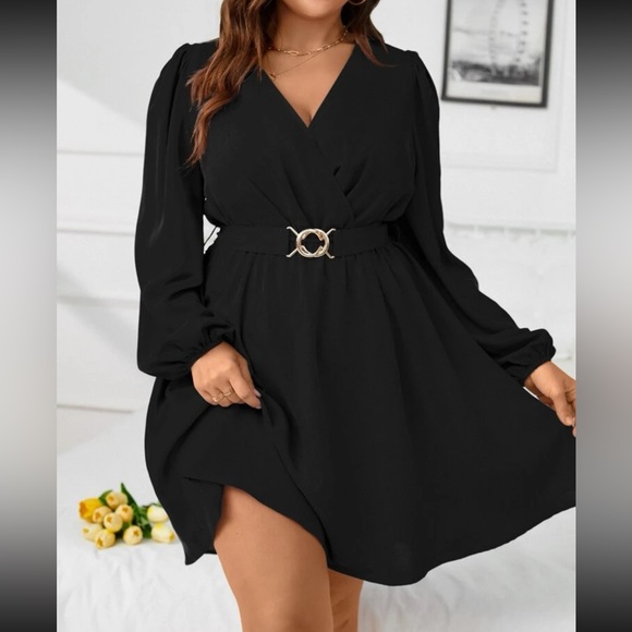 Plus size burgundy surplice neck lantern sleeve belted dress - Picture 6 of 15